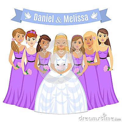 Happy bride. Beautiful bride with bridesmaids. Vector Illustration