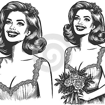 Happy bride engraving sketch vector illustration Vector Illustration