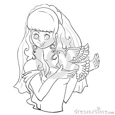 Happy bride in fot and with a dove in hands, outline drawing, isolated object on a white background, Vector Illustration
