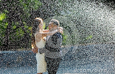 Happy bride and groom. Cheerful married couple. Just married couple embraced. Wedding couple Stock Photo