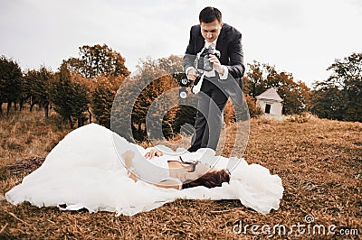 Happy bride and groom together. Stock Photo