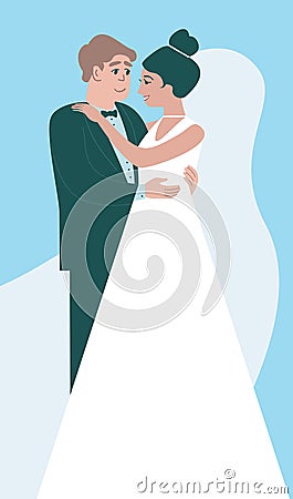 Happy bride and groom. Young caucasian couple standing posing happy on wedding day holding each other Vector Illustration