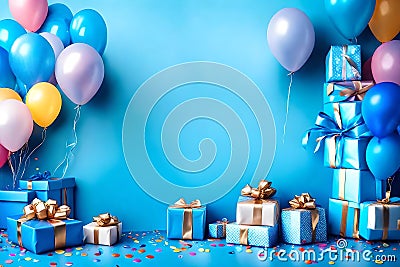 Happy Brithday blue background with balloons and gifts Stock Photo