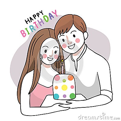 Happy brithday couple and sweet cake hand draw cartoon cute vector. Vector Illustration