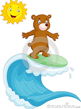 Happy brown bear cartoon surfing Vector Illustration