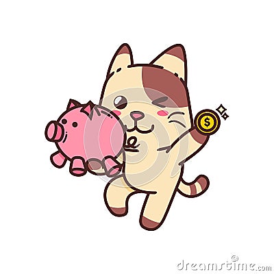 Happy Brown Cat investment money piggy bank Cartoon Doodle Cute Adorable Vector Illustration Character Flat Design Sticker Vector Illustration