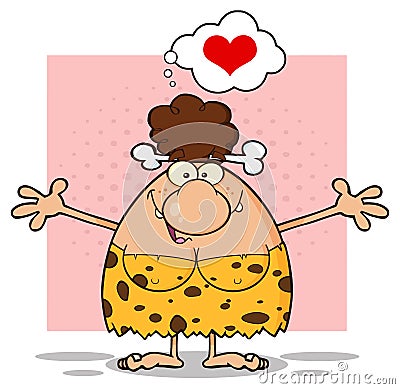 Happy Brunette Cave Woman Cartoon Mascot Character With Open Arms And A Heart In Speech Bubble Vector Illustration