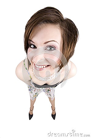 Happy Brunette Through A Fisheye Lens Stock Photo