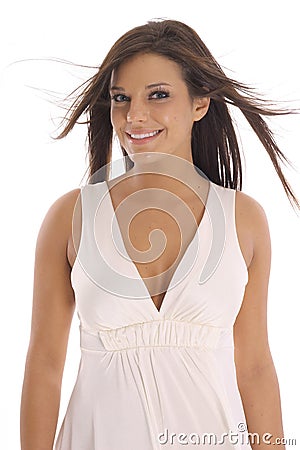 Happy brunette hair blowing Stock Photo