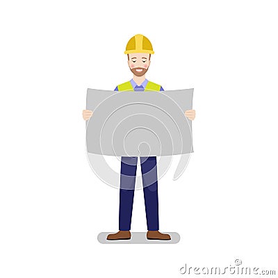 Happy builder is looking at a plan, holding in hands. Vector Illustration