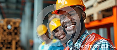 Happy Builders In Hardhats Posing Confidently At Construction Site With Camaraderie Stock Photo