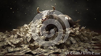 A happy bull in a business suit lies on a huge pile of money. Generative ai Stock Photo