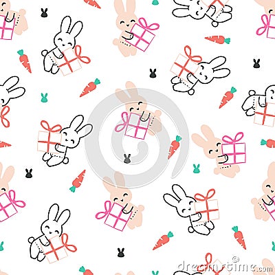 Happy Smile Bunny Gift Celebration Vector Seamless Pattern Vector Illustration