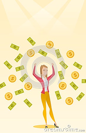 Happy busiess woman under money rain. Vector Illustration