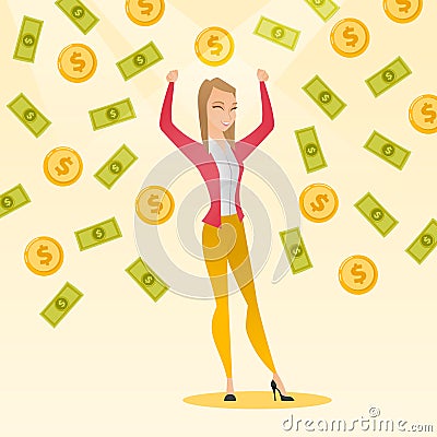 Happy busiess woman under money rain. Vector Illustration