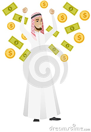 Happy busiess woman under money rain. Vector Illustration