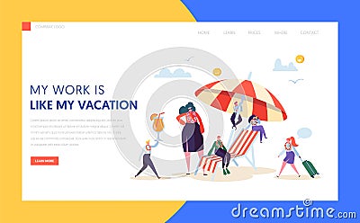 Happy Business Characters Vacation Landing Page. Office Manager Relax with Tropical Cocktail on Summer Holiday Resort Vector Illustration