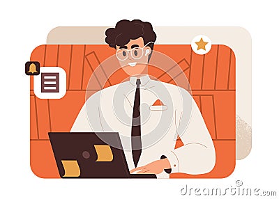 Happy business man at laptop. Smiling office worker, employee enjoying work. Excited enthusiastic successful manager Vector Illustration