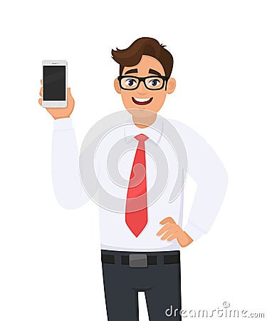 Happy business man showing a new brand, latest smartphone. Young man holding blank screen cell or mobile phone in hand. Vector Illustration