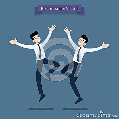 Happy business people celebrating, jumping characters, male persons and team. Vector Illustration