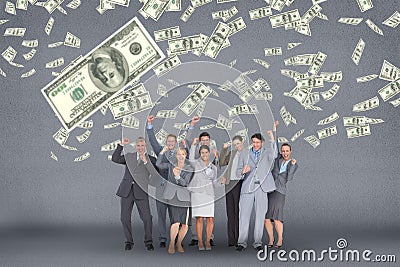 Happy business people with money rain against grey background Stock Photo