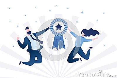 Happy business people or office workers in jump. Successful team with winner medal sign. Award ceremony for winners. Quality mark Vector Illustration