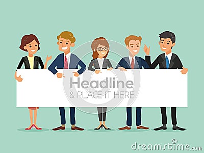 Happy business team with a banner isolated Vector Illustration