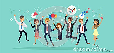 Happy business team jumping. Karaoke party celebration concept cartoon illustration Vector Illustration