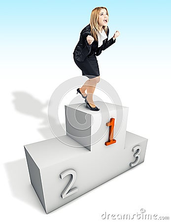 Happy business woman being the first place on podium Stock Photo