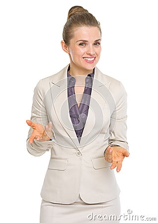 Happy business woman explaining something Stock Photo