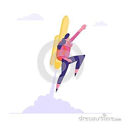 Happy Business Woman or Manager Fly on Jetpack to Goal Achievement. Girl with Rocket on Back Reach New Level Vector Illustration