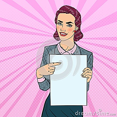 Happy Business Woman Pointing on Blank Paper Sheet Presentation. Pop Art retro illustration Vector Illustration