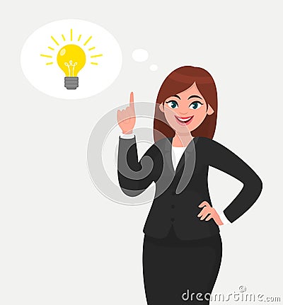 Happy business woman pointing hand up and bright light bulb appearing in the thought bubble. Vector Illustration