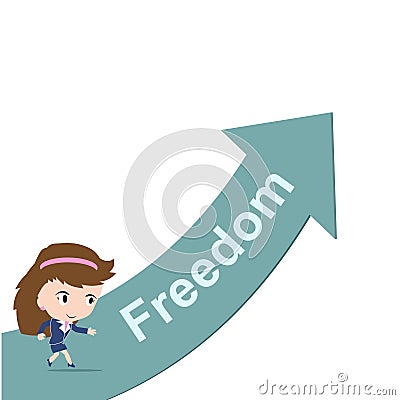 Happy business woman running on green arrow with word Freedom Vector Illustration