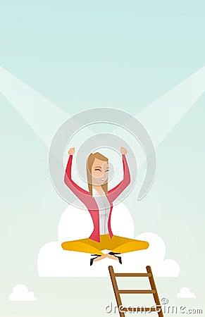 Happy business woman sitting on the cloud. Vector Illustration