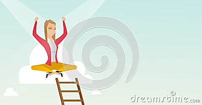Happy business woman sitting on the cloud. Vector Illustration