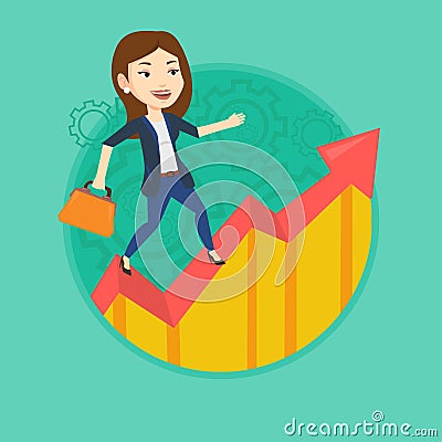Happy business woman standing on profit chart. Vector Illustration