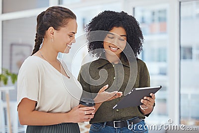 Happy business women, tablet planning and office collaboration for marketing team ideas, web design analytics and social Stock Photo