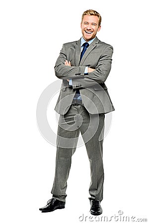Happy businessman arms folded isolated on white Stock Photo
