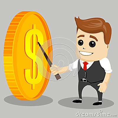 Happy businessman with big gold coin. Money concept, business man winner. Vector Illustration