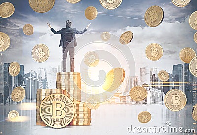 Happy businessman bitcoin rain cityscape Stock Photo