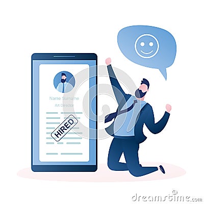 Happy businessman or employee and big smartphone with application, cv resume with stamp-hired, Vector Illustration