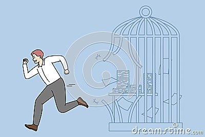 Happy businessman escape cage quit office job Vector Illustration