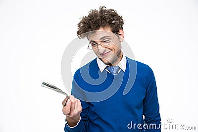 Happy businessman in glasses holding money Stock Photo