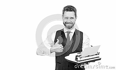 happy businessman hold retro typewriter and show thumb up isolated on white, litterateur Stock Photo