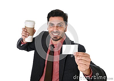 Happy businessman holding take away coffee cup and white card in blank as copy space Stock Photo