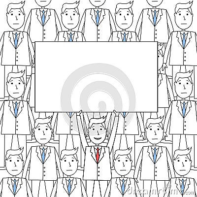 Happy businessman holding up blank placard standing crowd. Vector Illustration