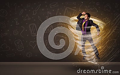 Happy businessman jumping in tornado concept Stock Photo