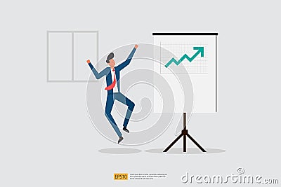 happy businessman jumps because increase sales presentation report on whiteboard. Finance performance concept. business profit Vector Illustration