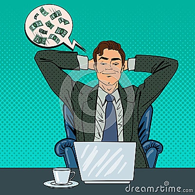 Happy Businessman with Laptop. Office Worker Dreaming About Big Money Vector Illustration